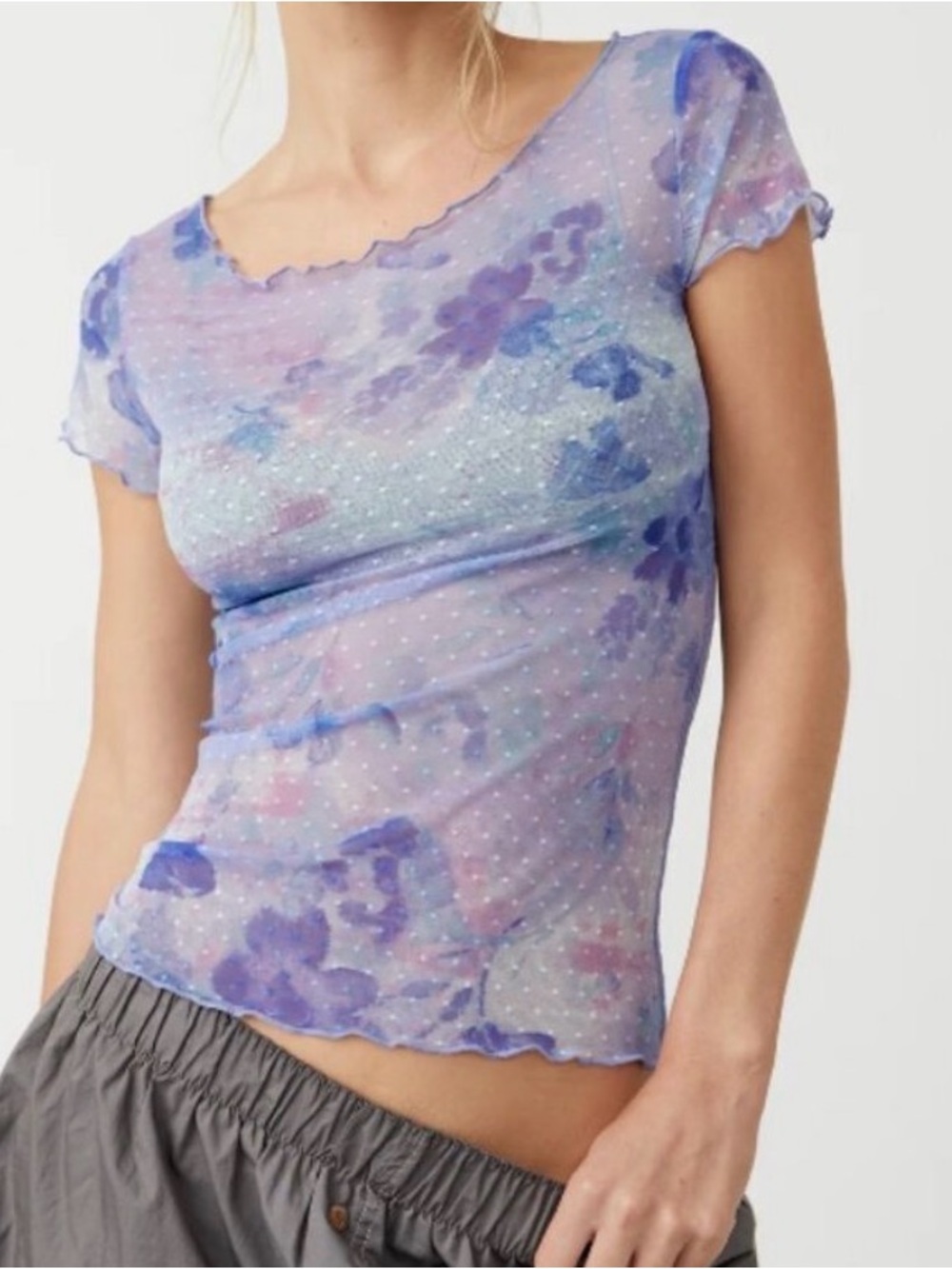 Free people Print On the Dot Floral Mesh Top. NWT. Spring rain